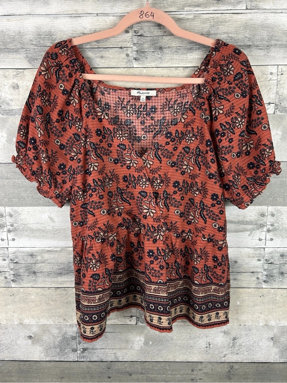 Madewell Rust Floral Square-Neck Puff Sleeve Tunic Top